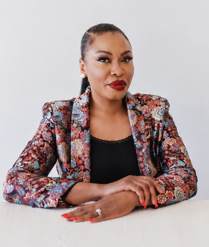 Pastor Valerie seated at a table in a floral blazer